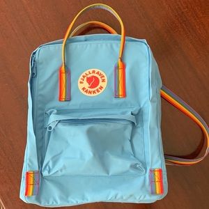 Rare baby blue with rainbow straps Fjallraven Kanken backpack